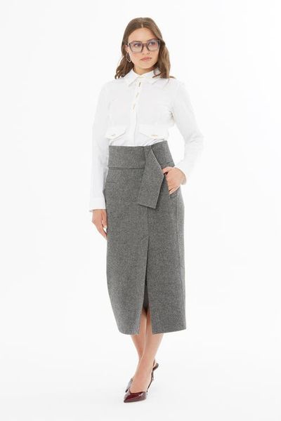 Gizia Gizia Wool-Blend Pencil Midi Skirt with Slit & Belt