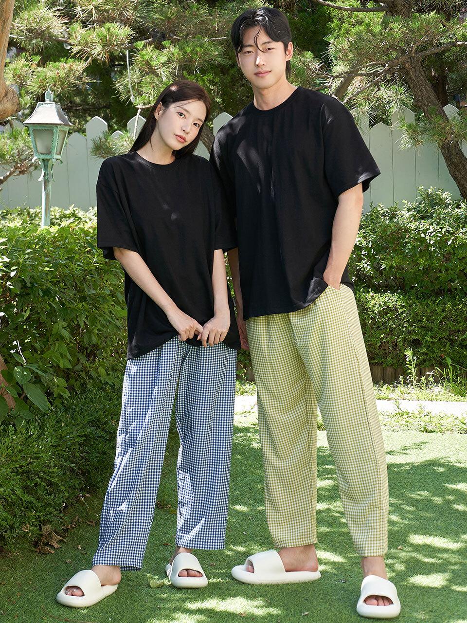 GLAM GONGGAM Soft Wrinkled Check 9/10 Length Unisex Summer Pajama Pants