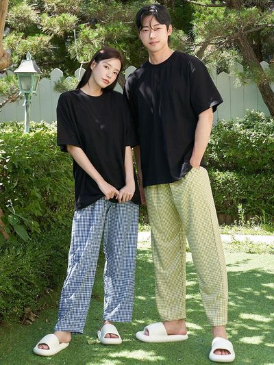 GLAM GONGGAM Soft Wrinkled Check 9/10 Length Unisex Summer Pajama Pants