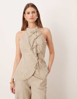 Glamorous Glamorous asymmetric tie halter top in white and blue stripes - part of a set-Multi