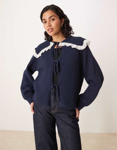 Glamorous Glamorous big collar tie front cardigan in navy
