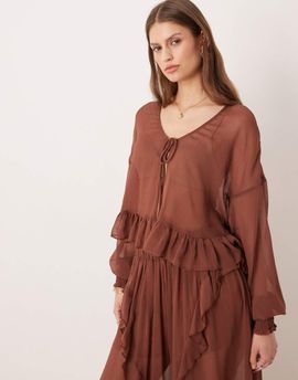 Glamorous Glamorous boho crinkle style tie front blouse in brown - part of a set
