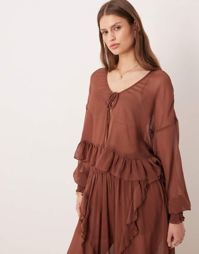Glamorous Glamorous boho crinkle style tie front blouse in brown - part of a set