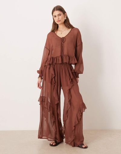 Glamorous Glamorous boho ruffle detailing wide leg pants in brown - part of a set
