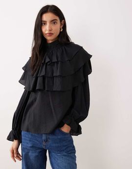 Glamorous Glamorous boho ruffle high neck blouse in black