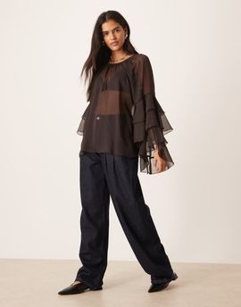 Glamorous Glamorous boho ruffle sheer blouse with fluter sleeves in brown