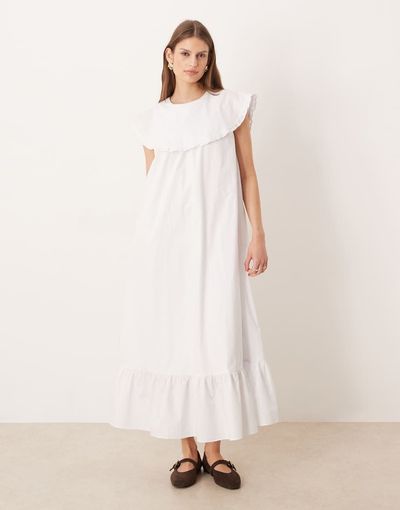 Glamorous Glamorous boho throw on ruffle detailing midaxi dress in white poplin
