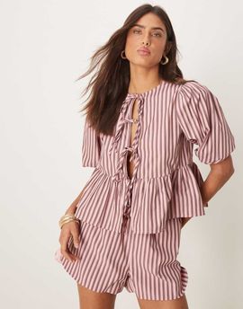 Glamorous Glamorous boxer style pull on shorts in pink stripe - part of a set
