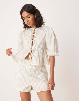 Glamorous Glamorous boxer style pull on shorts in white blue brown stripes - part of a set-Multi
