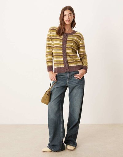 Glamorous Glamorous boxy fit fluffy cardigan in olive brown stripes-Multi