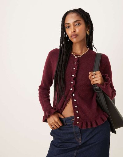 Glamorous Glamorous button down baby cardigan with frill in burgundy-Red