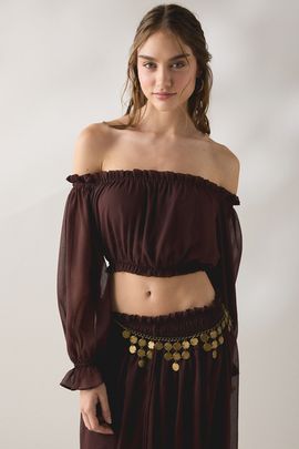 Glamorous Glamorous Chiffon Long Sleeve Off-The-Shoulder Top in Maroon, Women's at Urban Outfitters