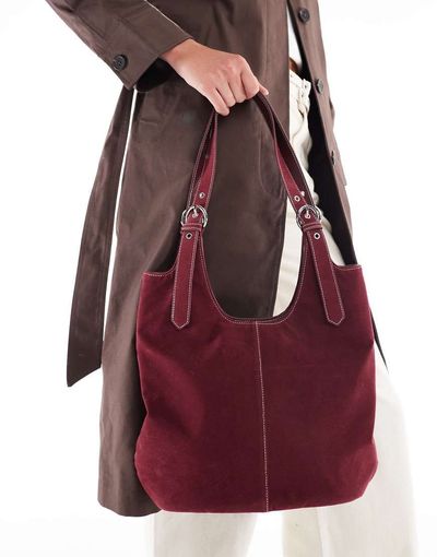 Glamorous Glamorous faux suede shoulder tote bag in burgundy-Red