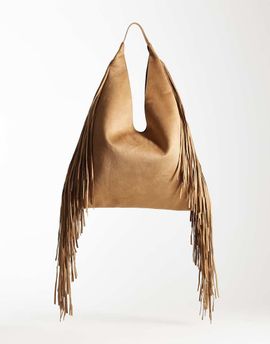 Glamorous Glamorous faux suede slouchy fringe tote bag in tan-Neutral
