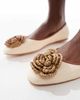 Glamorous Glamorous flat shoes with woven crochet flower in cream linen-White - 3