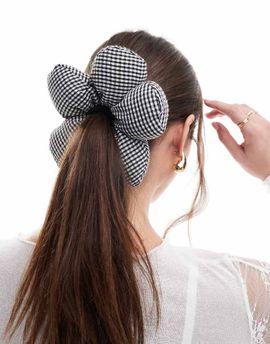 Glamorous Glamorous flower hair scrunchie in black and white gingham-Multi