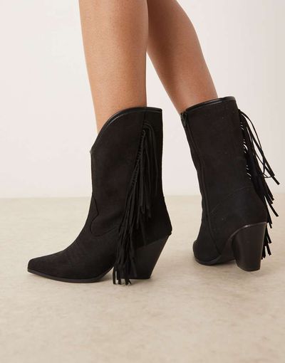 Glamorous Glamorous fringe western knee boots in black