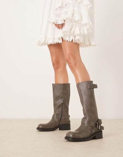 Glamorous Glamorous harness moto knee boots in washed gray