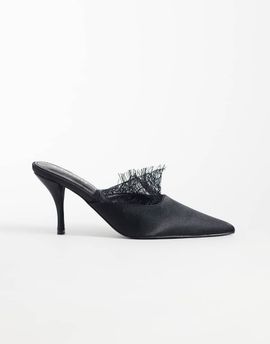 Glamorous Glamorous heeled mules with lace detail in black satin