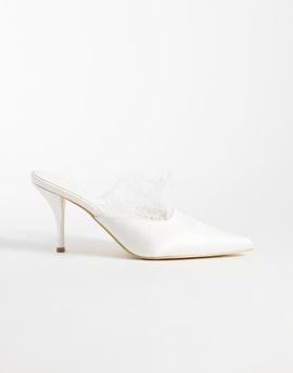 Glamorous Glamorous heeled mules with lace detail in white satin