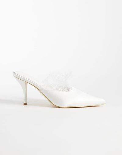 Glamorous Glamorous heeled mules with lace detail in white satin