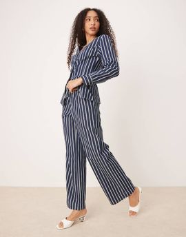 Glamorous Glamorous high rise drawstring straight leg pants in blue denim stripe