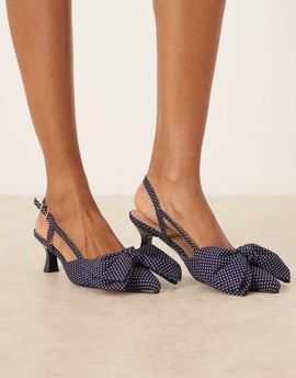 Glamorous Glamorous kitten heel shoes with bows in navy polka dots-Brown