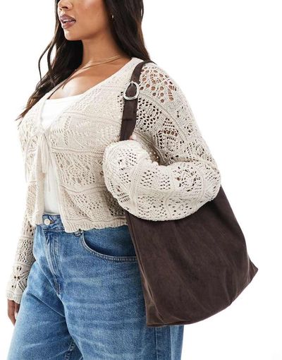 Glamorous Glamorous large faux suede tote bag with buckle strap in dark brown-Green