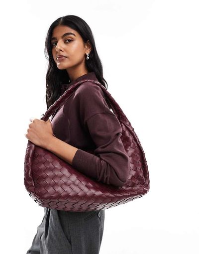 Glamorous Glamorous large woven shoulder tote bag in deep burgundy-Red