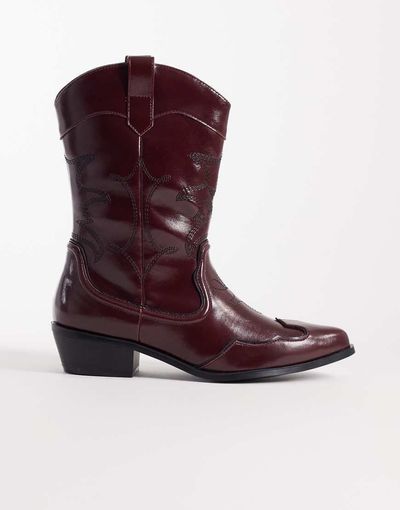Glamorous Glamorous low ankle cowboy boots in burgundy-Red