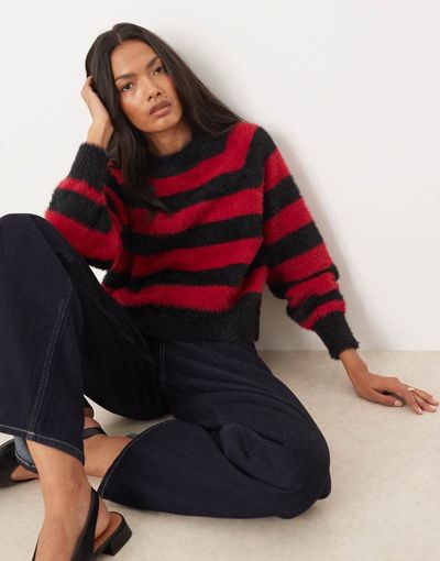 Glamorous Glamorous oversized baggy fit knit sweater in red and black stripes-Multi
