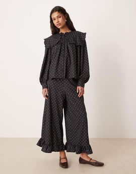 Glamorous Glamorous oversized ruffle blouse in black/pink polka dot - part of a set