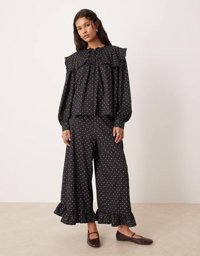 Glamorous Glamorous oversized ruffle blouse in black/pink polka dot - part of a set