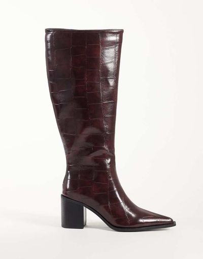 Glamorous pointed toe block heeled knee boots in burgundy croc-Red