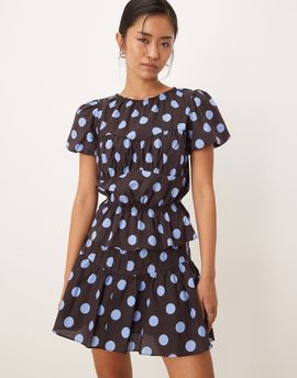 Glamorous Glamorous puff sleeve blouse with ruffle detailing in brown blue polka dot - part of a set-Multi