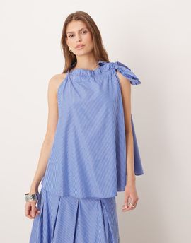 Glamorous Glamorous ruffle halterneck smock top in blue and white stripes - part of a set-Multi