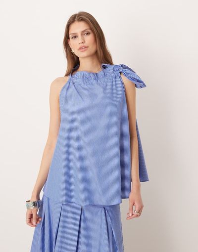 Glamorous Glamorous ruffle halterneck smock top in blue and white stripes - part of a set-Multi