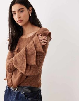 Glamorous Glamorous ruffle thin knit top in brown