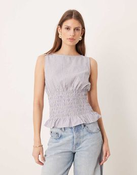Glamorous Glamorous shirred waist top with ruffle hem in blue plaid-Multi