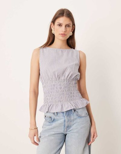Glamorous Glamorous shirred waist top with ruffle hem in blue plaid-Multi