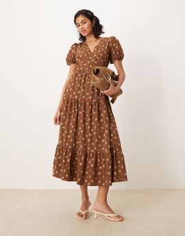 Glamorous Glamorous short sleeve maxi wrap dress in brown micro floral