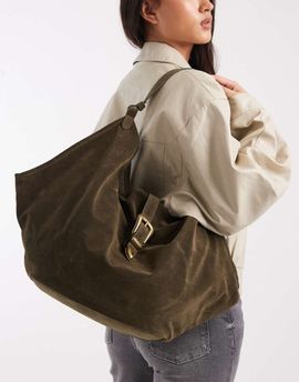 Glamorous Glamorous slouchy faux suede shoulder tote bag with metal buckle in khaki green