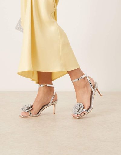 Glamorous Glamorous stiletto heeled sandals wth flower details in silver