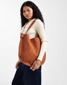 Glamorous Glamorous stitch detail faux suede shoulder bag in brown