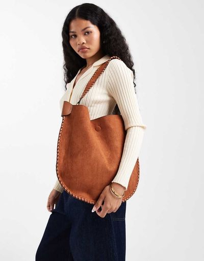 Glamorous Glamorous stitch detail faux suede shoulder bag in brown