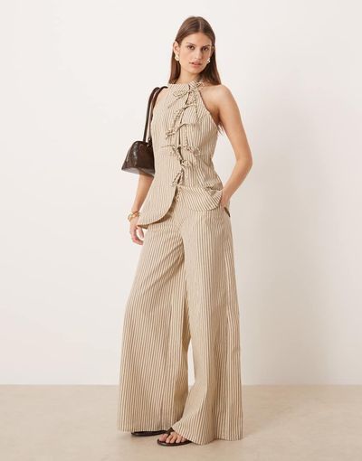 Glamorous Glamorous thick waistband pull on pants in white and blue stripes - part of a set-Multi