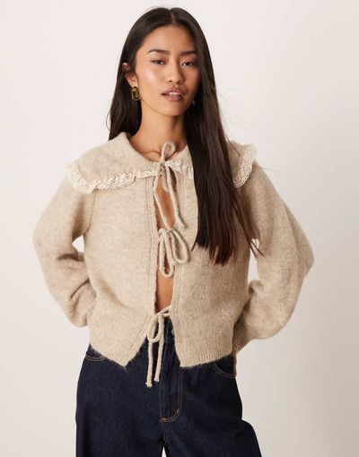 Glamorous Glamorous tie front ruffle collar cardigan in oat-Brown