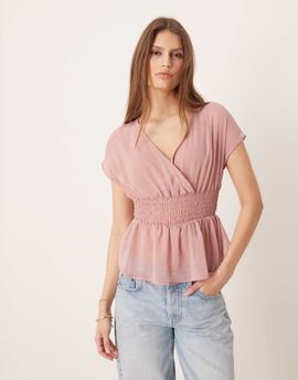 Glamorous Glamorous v-neck chiffon angel sleeves blouse in pink blush
