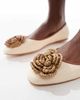 Glamorous Wide Fit Glamorous Wide Fit flat shoes with woven crochet flower in cream linen-White - 4