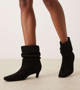 Glamorous Wide Fit Glamorous Wide Fit kitten heel ruched mid ankle boots in black micro